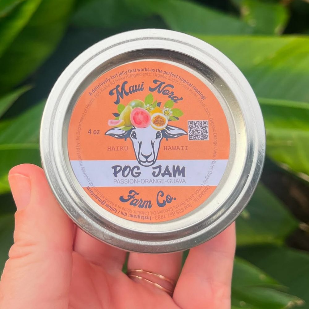 A jar of POG jam held in a hand, the sheep and wreath printed on the lid